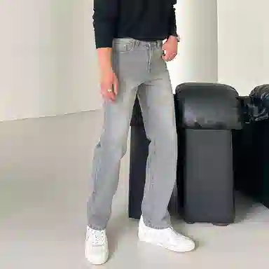 我是大卫 高街复古直筒宽松牛仔裤 男女同款 烟灰色