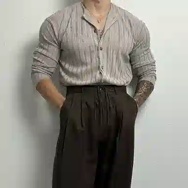 我是大卫 美式复古纯色缕空设计圆领单排扣长袖针织衫 男女同款