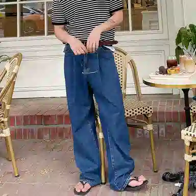 我是大卫 直筒拖地宽松休闲牛仔裤 男女同款 深蓝色