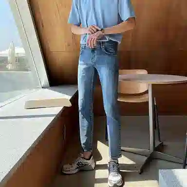 我是大卫 做旧中腰拉链百搭宽松直筒垂感九分牛仔裤 男女同款 浅蓝色