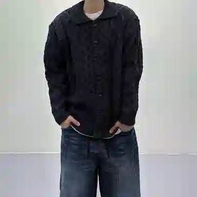 我是大卫 日系纯色百搭翻领开衫韩版宽松加厚长袖针织衫 男女同款