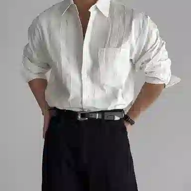 我是大卫 条纹长袖单口袋高级感美式个性百搭宽松休闲衬衣衬衫 男女同款 奶白色