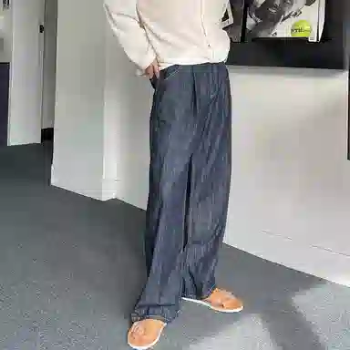 我是大卫 纯色中腰松紧宽松直筒牛仔裤 男女同款 深蓝色