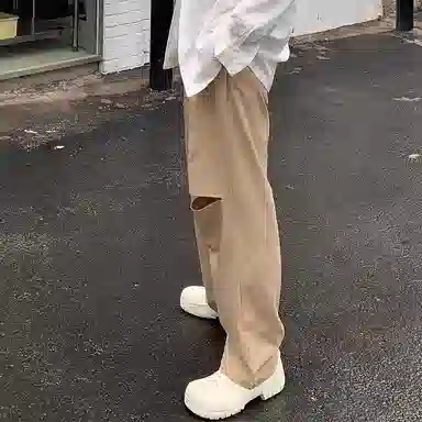 我是大卫 纯色垂坠感拖地破洞设计西装休闲裤 男女同款