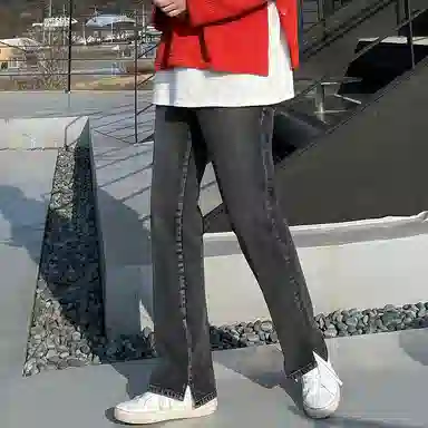 我是大卫 复古深色开叉宽松直筒牛仔裤 男女同款 黑色