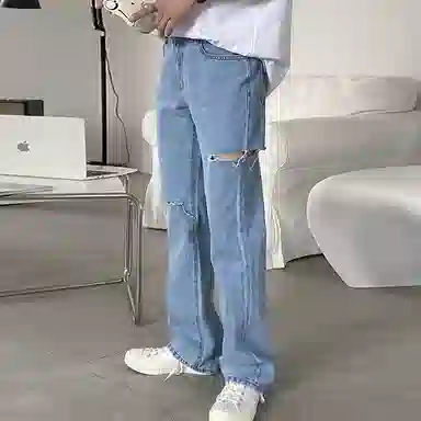 我是大卫 破洞设计宽松休闲直筒牛仔裤 男女同款 浅蓝色