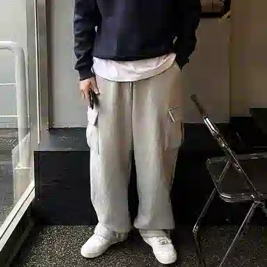 我是大卫 街头慵懒风侧口袋设计宽松阔腿抽绳工装直筒休闲裤 男款 灰色