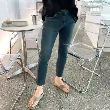 我是大卫 美式破洞修身百搭小脚九分牛仔裤 男女同款 深蓝色