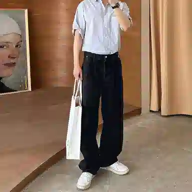 我是大卫 美式复古纯色直筒宽松休闲牛仔裤 男女同款 黑色