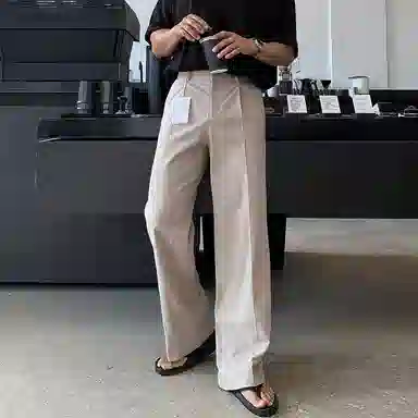 我是大卫 亚麻纯色高腰简约垂感直筒宽松休闲裤 男女同款 深米色