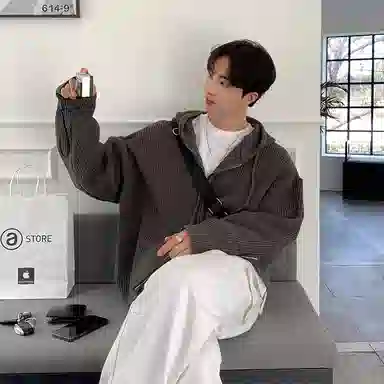 我是大卫 慵懒风宽松连帽拉链针织衫 男女同款 深灰色