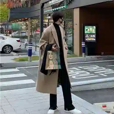 我是大卫 毛呢纯色中长款高级感保暖加厚韩版休闲外套大衣 男女同款