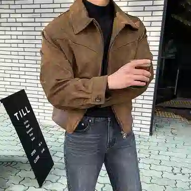 我是大卫 美式复古麂皮绒美拉德短款机车飞行夹克外套 男女同款