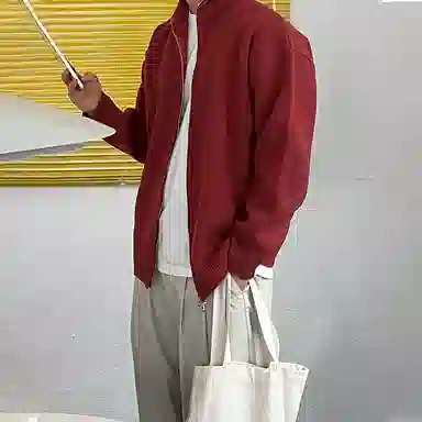 我是大卫 美式立领双拉链开衫长袖针织衫 男女同款 红色