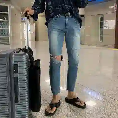 我是大卫 破洞韩版水洗复古修身小脚牛仔裤 男女同款 蓝色