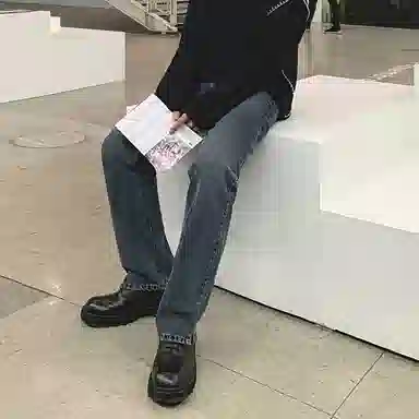 我是大卫 美式复古时尚设计感水洗牛仔裤 男女同款 深蓝色