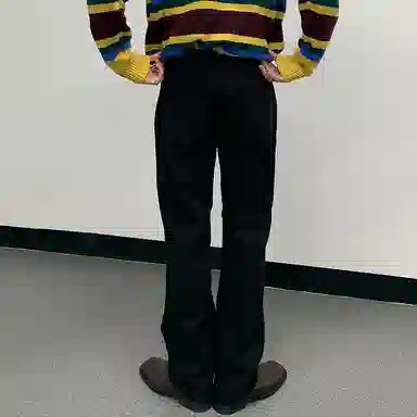 我是大卫 纯色拉链潮牌宽松直筒百搭拖地阔腿牛仔裤 男款 黑色