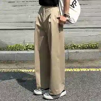 我是大卫 韩版单褶皱直筒百搭设计宽松休闲裤 男女同款 卡其色