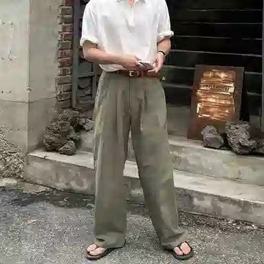 我是大卫 亚麻纯色中腰宽松简约直筒休闲裤 男女同款