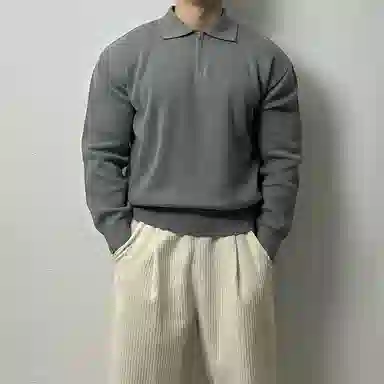 我是大卫 纯色翻领拉链多口袋长袖针织衫 男女同款