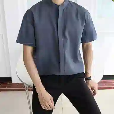 我是大卫 纯色立领复古宽松休闲短袖衬衫 男女同款