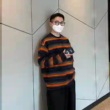 我是大卫 彩色条纹宽松圆领套头针织卫衣 男女同款 橙色