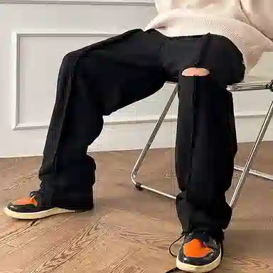 我是大卫 破洞痞帅直筒裤宽松卫裤百搭垂感高街休闲裤 男款 黑色