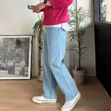 我是大卫 复古水洗宽松阔腿牛仔裤 男女同款 浅蓝色