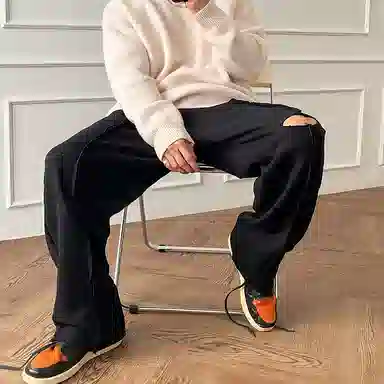 我是大卫 破洞痞帅直筒裤宽松卫裤百搭垂感高街休闲裤 男款 黑色