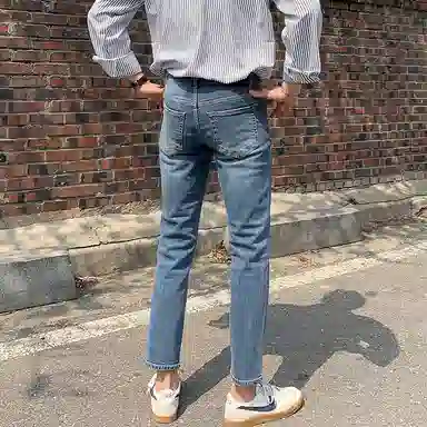 我是大卫 纯色拉链时尚九分水洗复古高级感牛仔裤 男女同款 蓝色