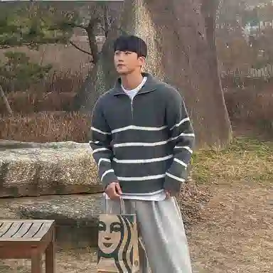 我是大卫 条纹翻领半拉链装饰休闲套头长袖针织衫 男女同款