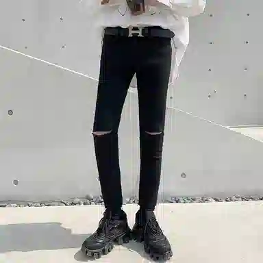 我是大卫 修身纯色中腰九分牛仔裤 男女同款 黑色