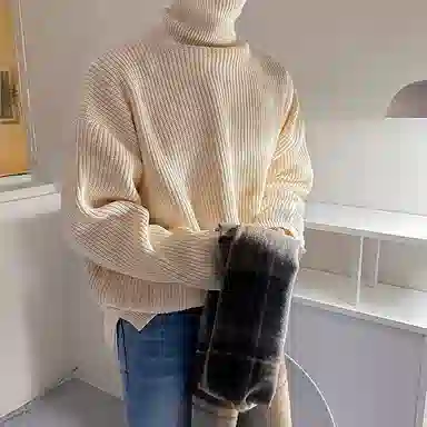 我是大卫 纯色韩系慵懒感保暖加厚宽松休闲长袖针织衫 男女同款 浅卡其色