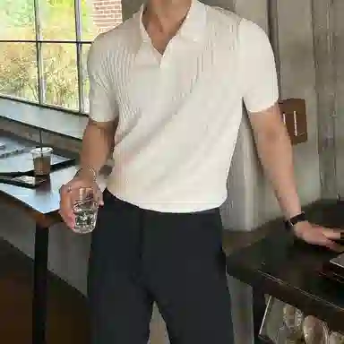 我是大卫 纯色翻领休闲百搭短袖针织衫 男女同款 白色