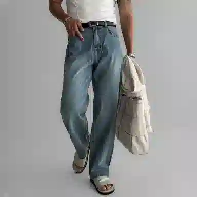 我是大卫 港风复古水洗做旧直筒阔腿裤韩系高级感牛仔裤 男女同款 浅蓝色