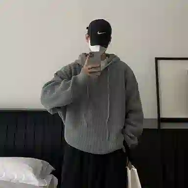 我是大卫 复古连帽套头宽松休闲慵懒感长袖针织衫 男女同款 灰色