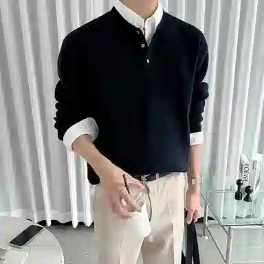 我是大卫 美式亨利领毛衣内搭打底衫休闲慵懒宽松潮流长袖针织衫 男女同款