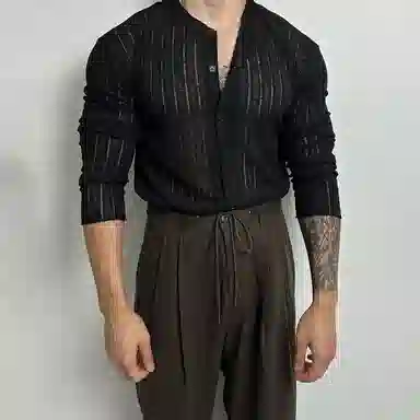 我是大卫 美式复古纯色缕空设计圆领单排扣长袖针织衫 男女同款