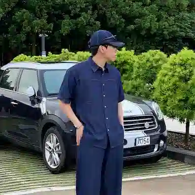 我是大卫 重工车线拼接水洗牛仔短袖衬衣美式复古工装翻领衬衫 通用