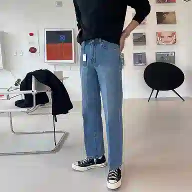 我是大卫 纯色做旧中腰拉链宽松休闲直筒牛仔裤 男女同款 蓝色