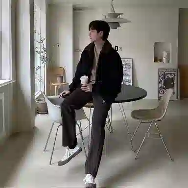 我是大卫 拼色港风复古翻领加绒加厚棉服 男女同款 黑色