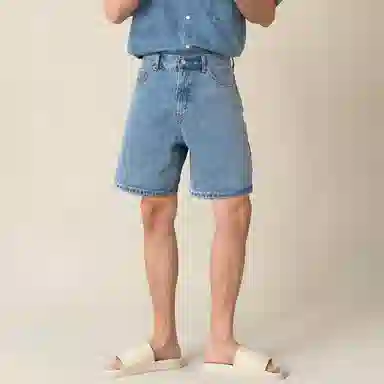 我是大卫 复古设计感水洗牛仔裤潮流毛边直筒宽松五分休闲短裤 男女同款 蓝色