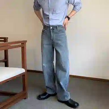 我是大卫 美式高街直筒阔腿百搭时尚宽松牛仔裤 男女同款 深蓝色