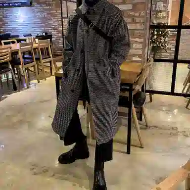 我是大卫 毛呢中长款千鸟格韩版复古休闲大衣 男女同款