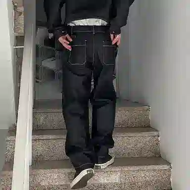 我是大卫 水洗复古做旧休闲宽松直筒阔腿牛仔裤 男女同款 黑色