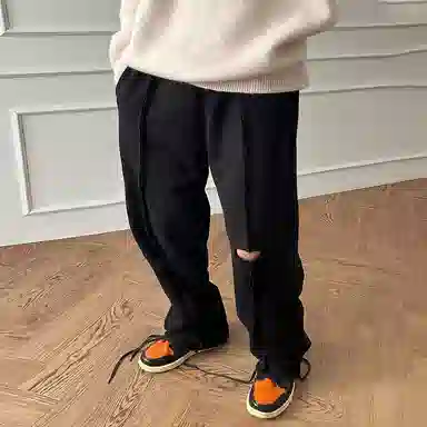 我是大卫 破洞痞帅直筒裤宽松卫裤百搭垂感高街休闲裤 男款 黑色