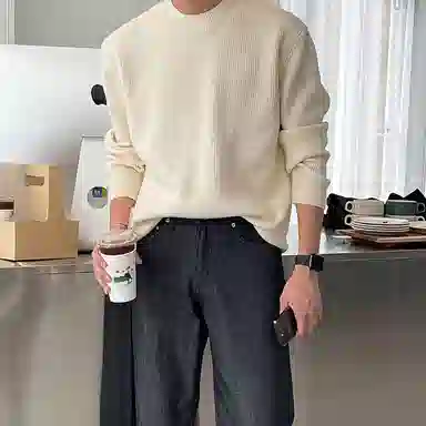 我是大卫 纯色圆领慵懒风简约韩系百搭宽松长袖针织衫 男女同款