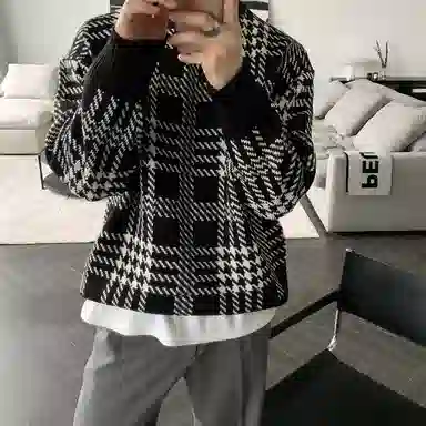 我是大卫 不规则撞色拼接复古格子条纹套头宽松针织衫 男女同款