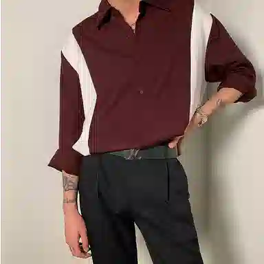 我是大卫 拼色轻薄透气个性宽松长袖衬衫 男女同款