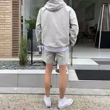 我是大卫 纯色简约半拉链设计连帽套头长袖上衣抽绳直筒短裤休闲运动套装 男女同款